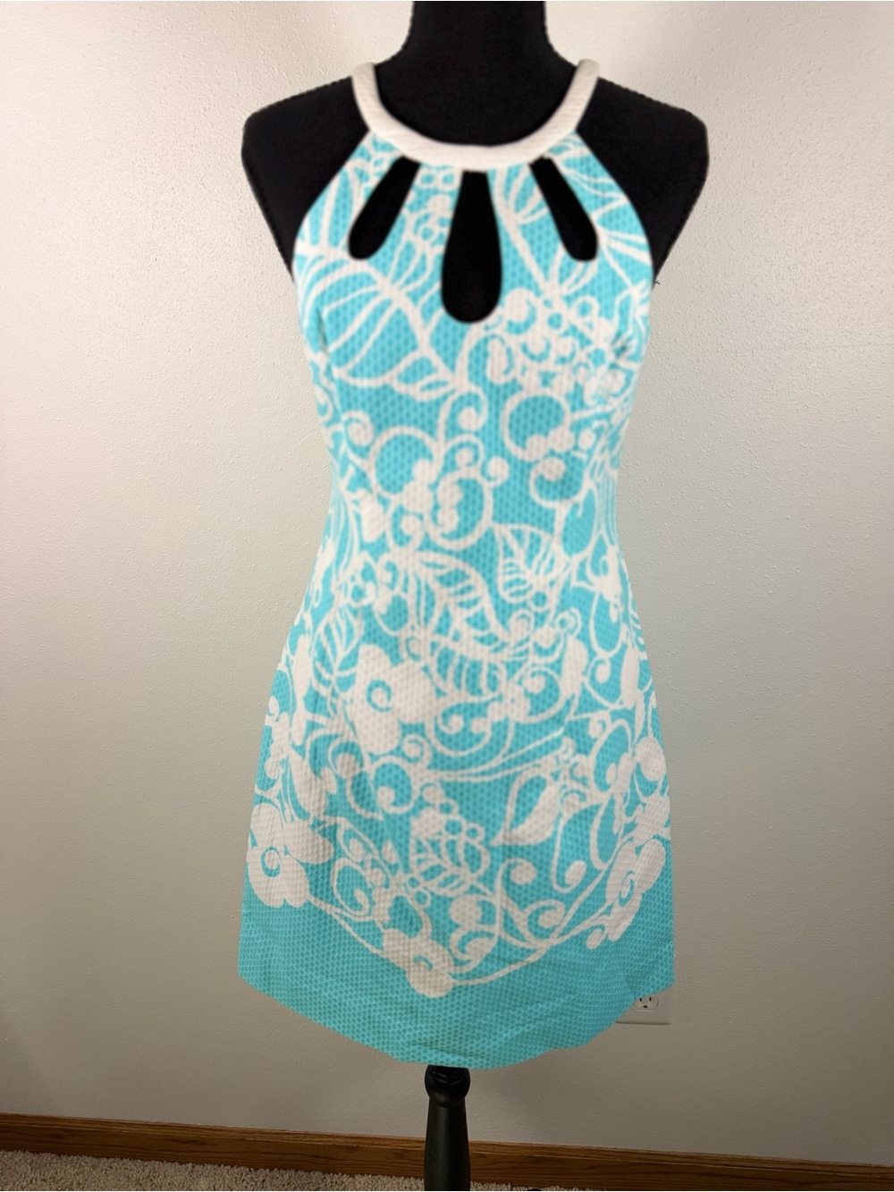 Lilly Pulitzer Aqua and White Keyhole Halter Mini Dress